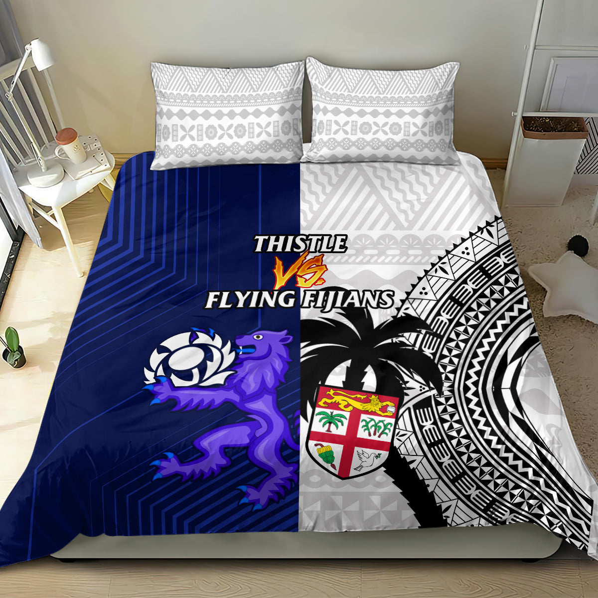 Fiji And Scotland Rugby Bedding Set Fijian Tapa Pattern With Thistle - Vibe Hoodie Shop