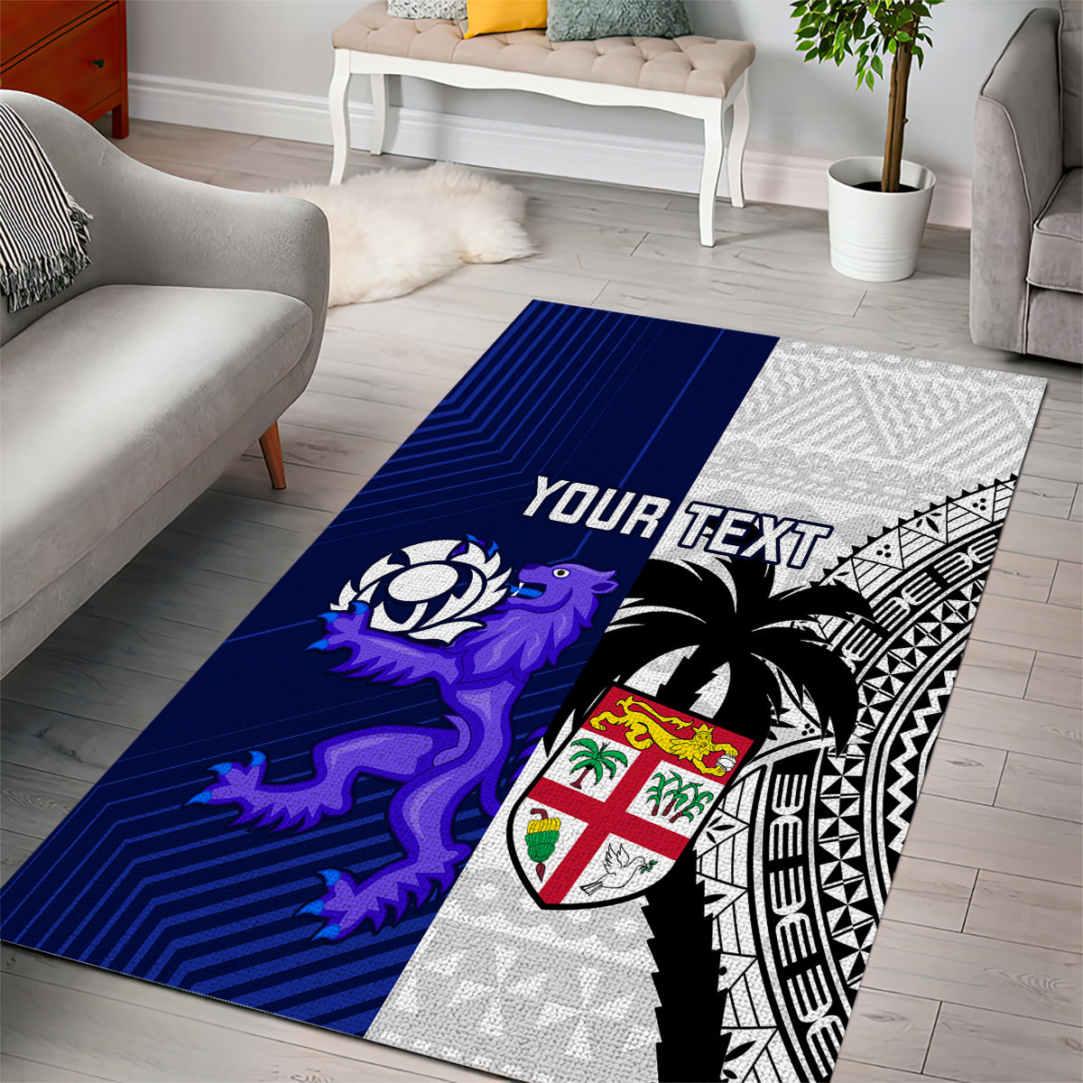 Custom Fiji And Scotland Rugby Area Rug Fijian Tapa Pattern With Thistle - Vibe Hoodie Shop