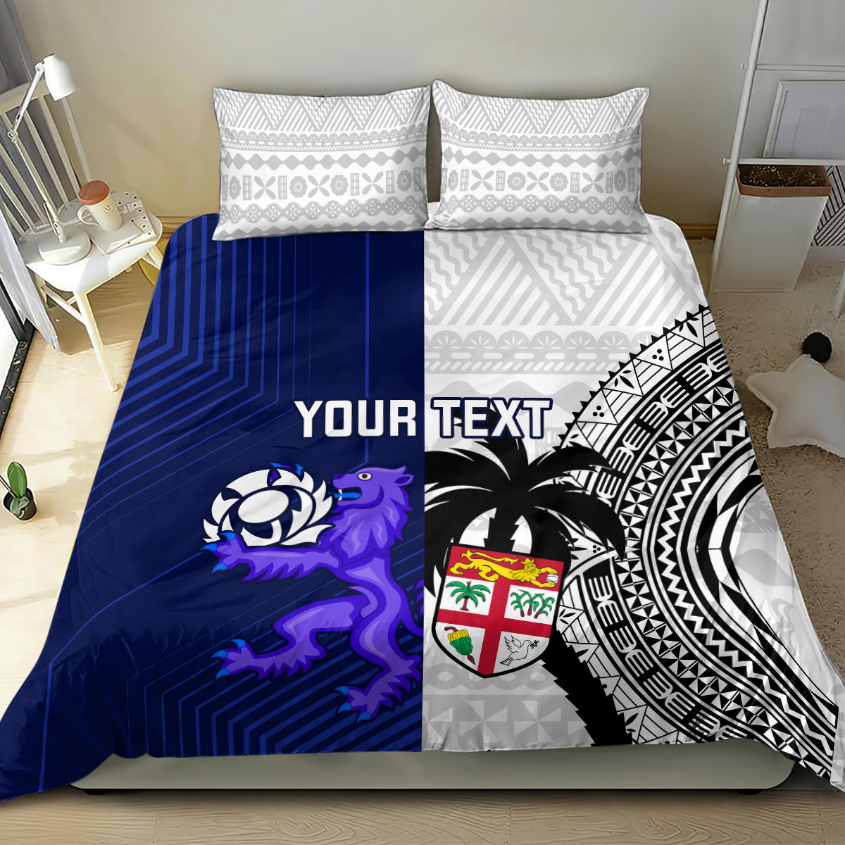 Custom Fiji And Scotland Rugby Bedding Set Fijian Tapa Pattern With Thistle - Vibe Hoodie Shop