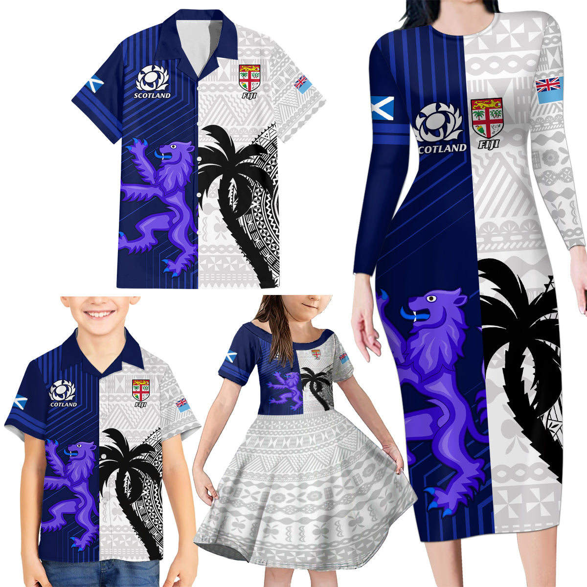 custom-fiji-and-scotland-rugby-family-matching-long-sleeve-bodycon-dress-and-hawaiian-shirt-fijian-tapa-pattern-with-thistle