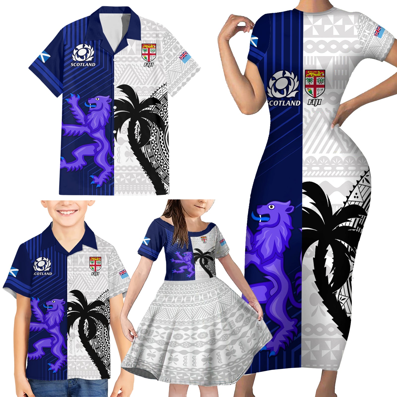 custom-fiji-and-scotland-rugby-family-matching-short-sleeve-bodycon-dress-and-hawaiian-shirt-fijian-tapa-pattern-with-thistle