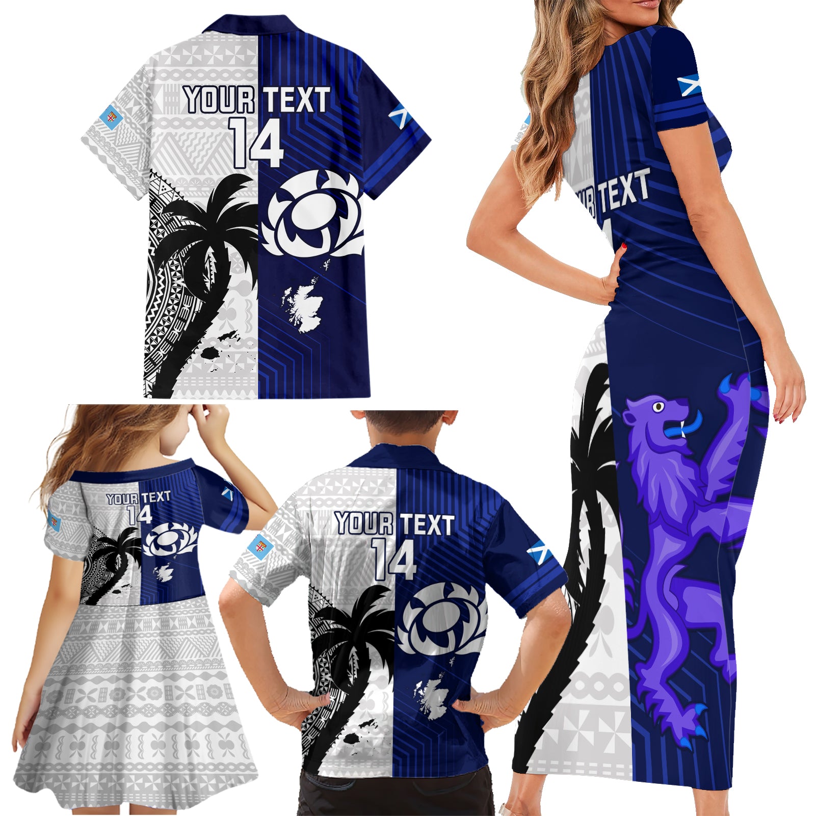 custom-fiji-and-scotland-rugby-family-matching-short-sleeve-bodycon-dress-and-hawaiian-shirt-fijian-tapa-pattern-with-thistle