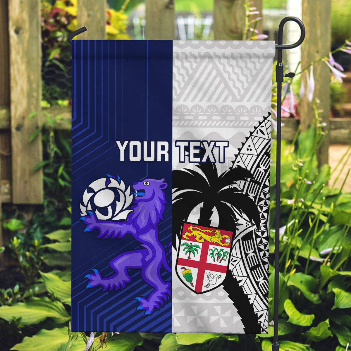 Custom Fiji And Scotland Rugby Garden Flag Fijian Tapa Pattern With Thistle - Vibe Hoodie Shop