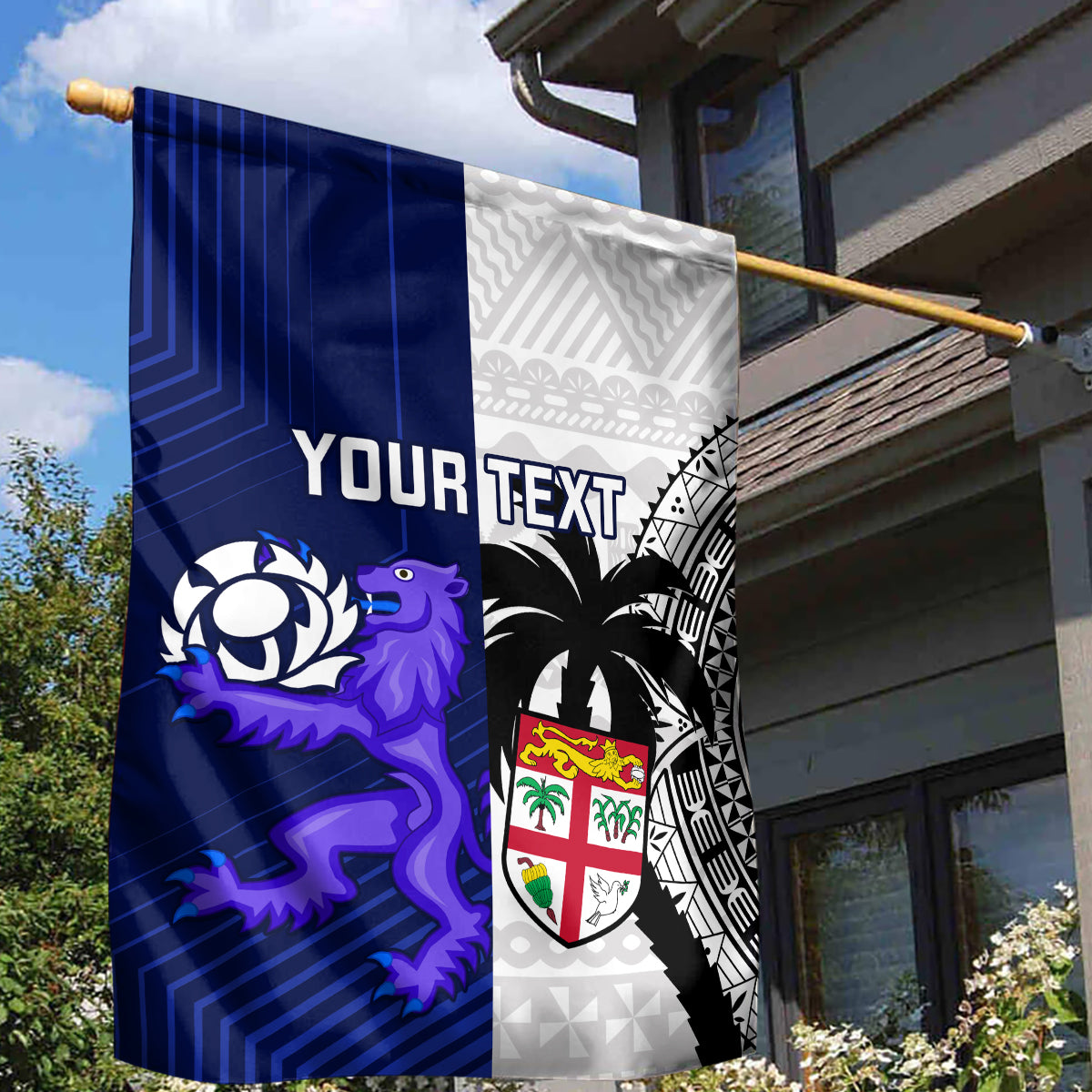 Custom Fiji And Scotland Rugby Garden Flag Fijian Tapa Pattern With Thistle - Vibe Hoodie Shop