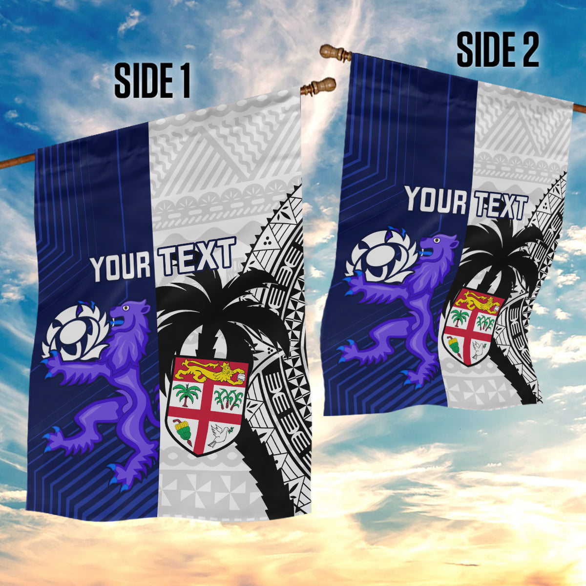 Custom Fiji And Scotland Rugby Garden Flag Fijian Tapa Pattern With Thistle - Vibe Hoodie Shop