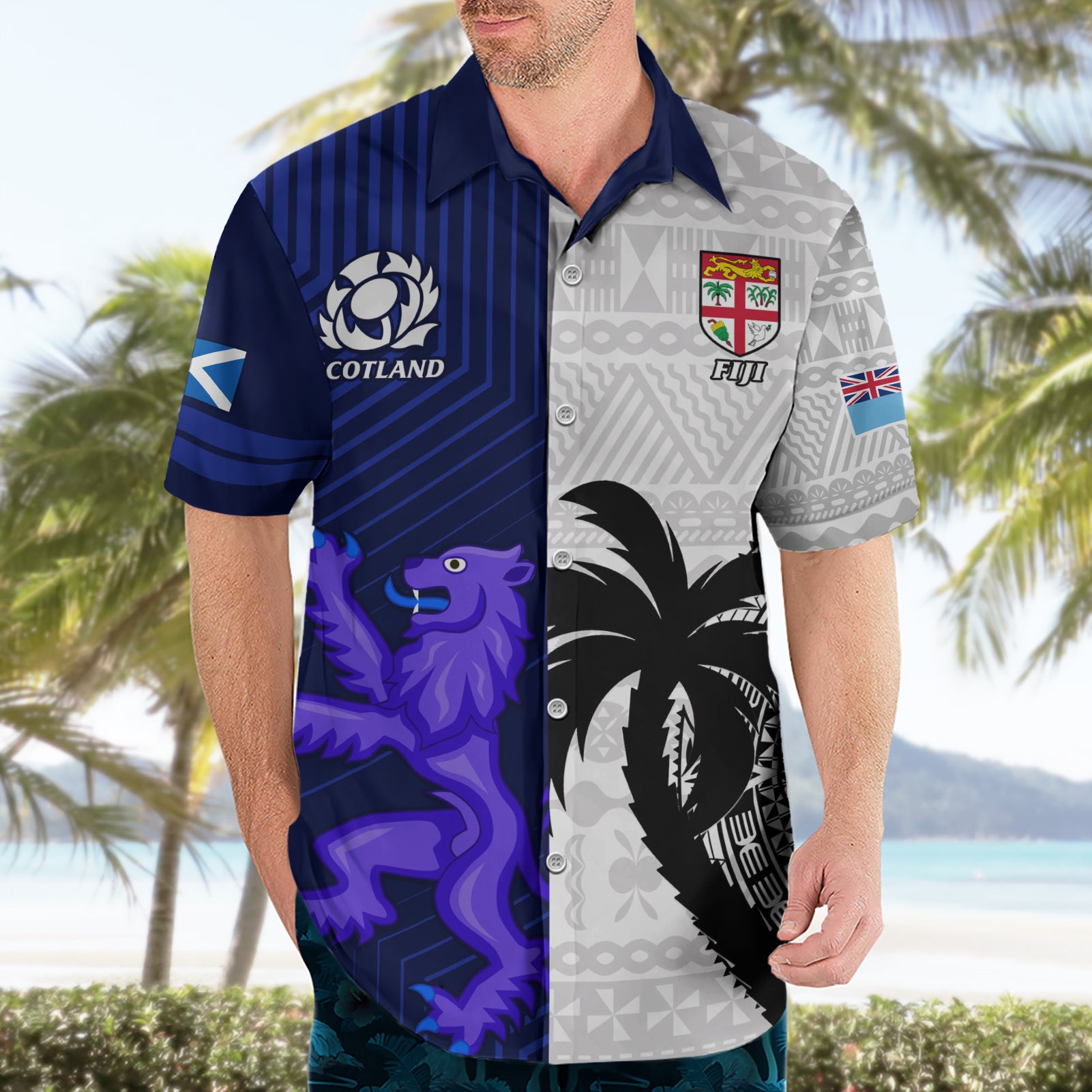 Custom Fiji And Scotland Rugby Hawaiian Shirt Fijian Tapa Pattern With Thistle - Vibe Hoodie Shop