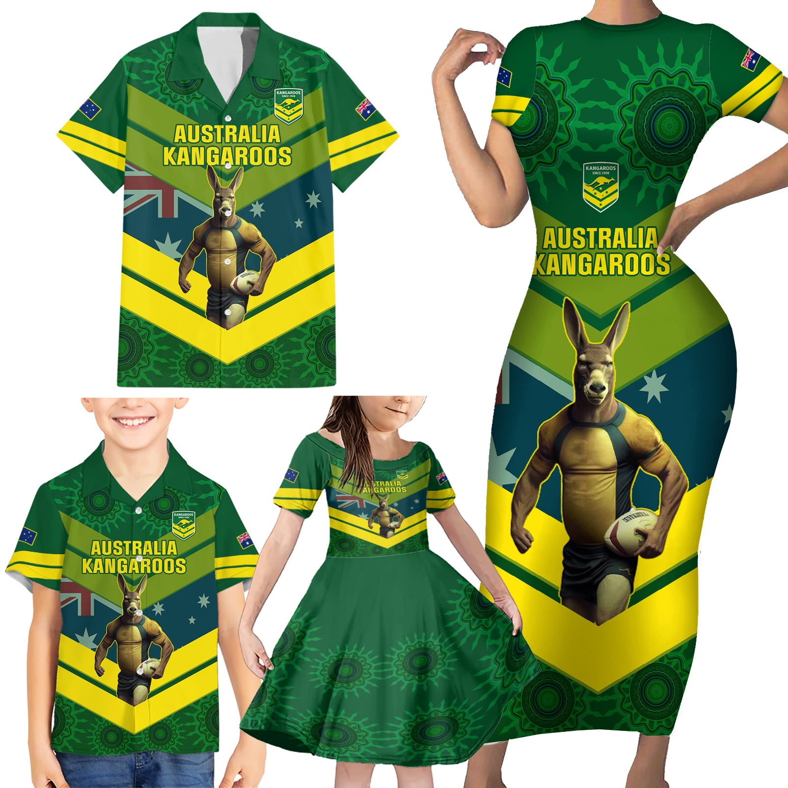 custom-australia-rugby-family-matching-short-sleeve-bodycon-dress-and-hawaiian-shirt-pacific-2023-go-aussie-kangaroos