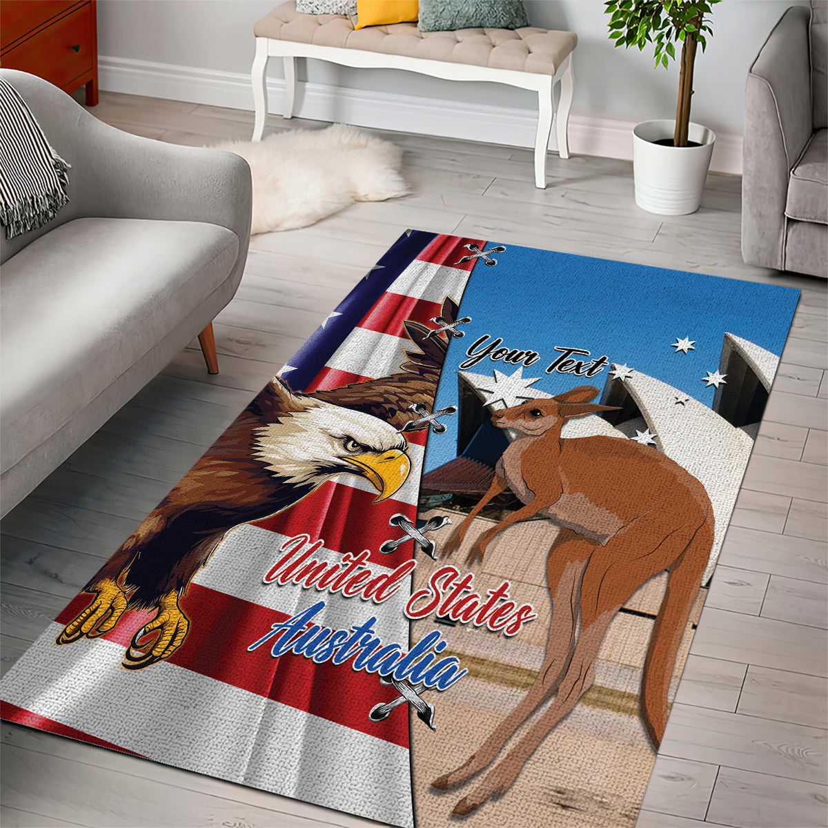 Personalised United States And Australia Area Rug USA Eagle With Aussie Kangaroo - Vibe Hoodie Shop