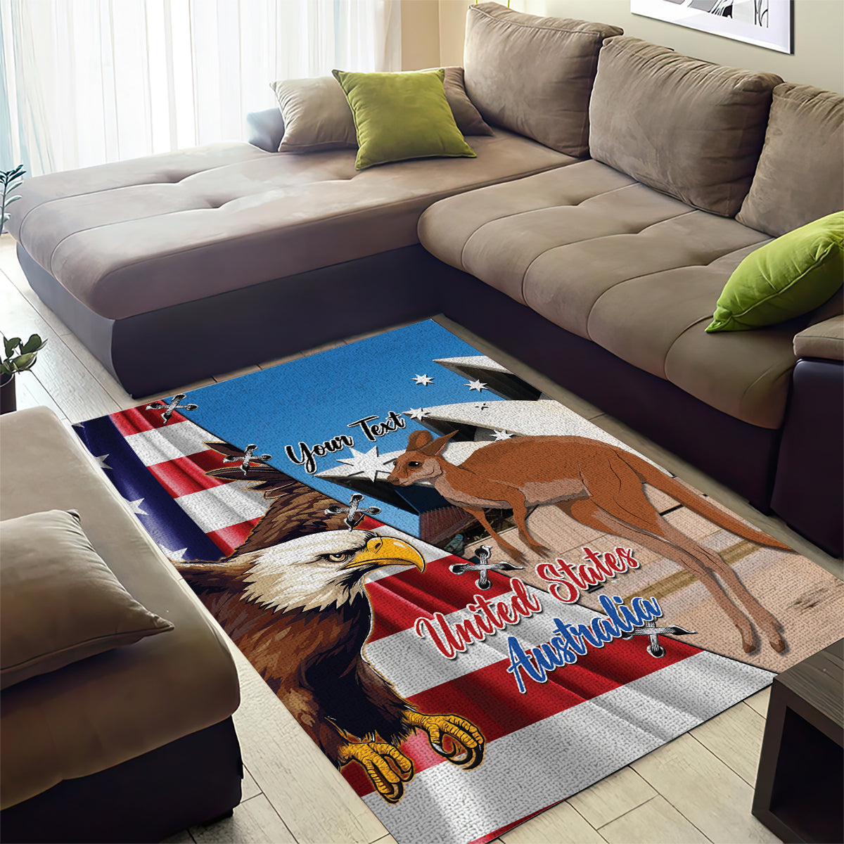 Personalised United States And Australia Area Rug USA Eagle With Aussie Kangaroo - Vibe Hoodie Shop