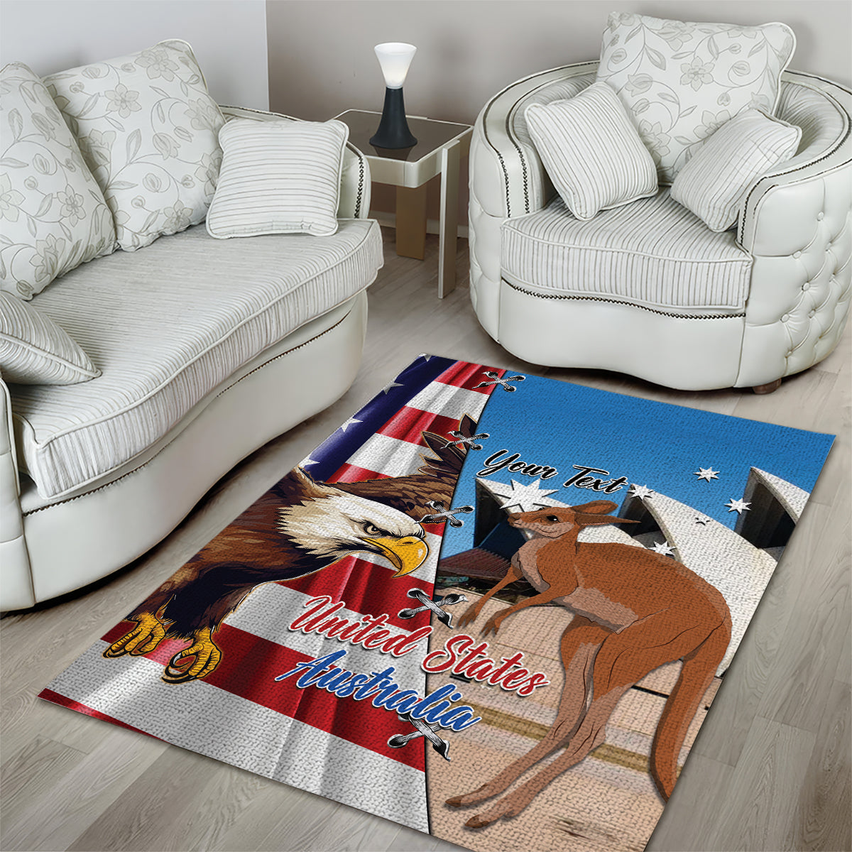 Personalised United States And Australia Area Rug USA Eagle With Aussie Kangaroo - Vibe Hoodie Shop