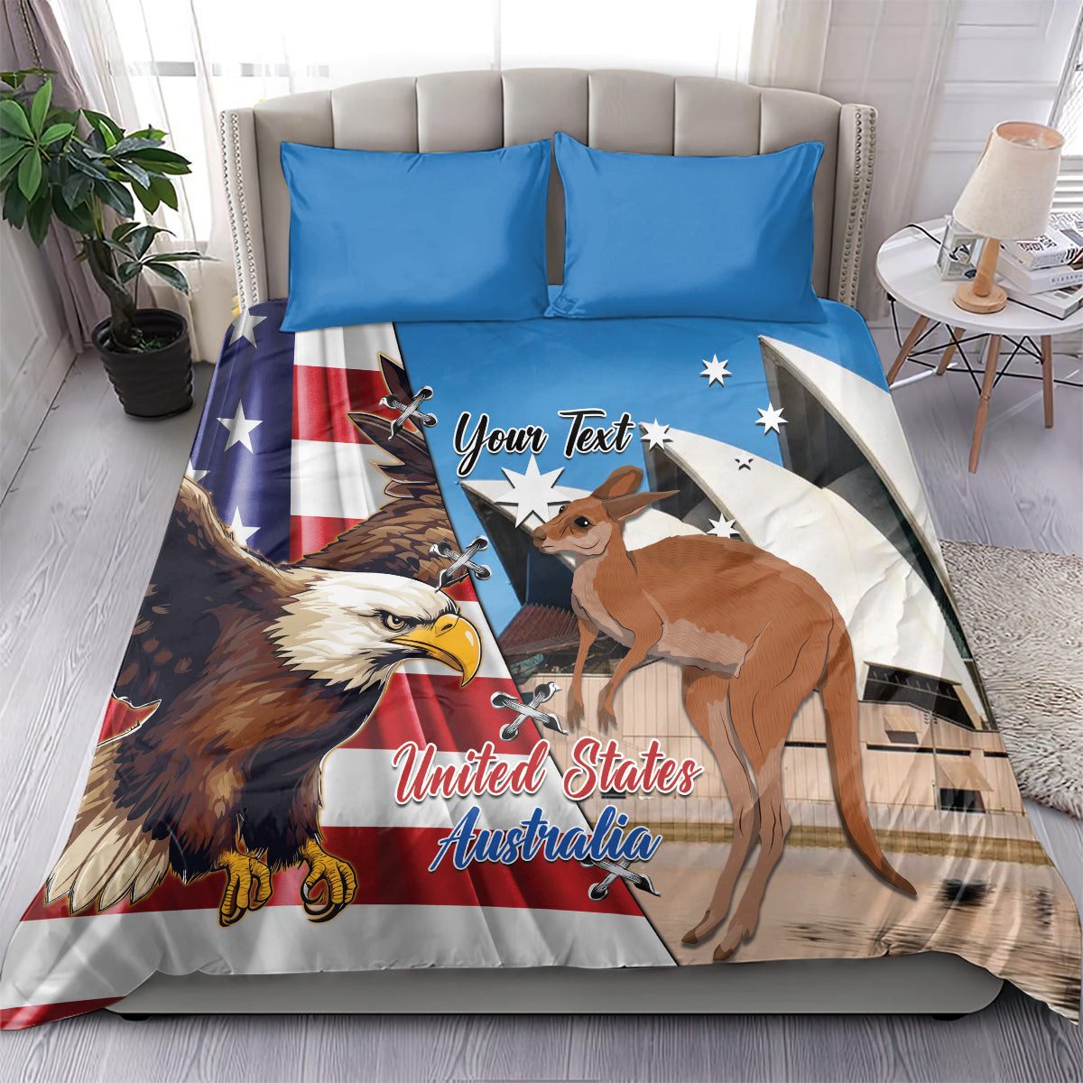 Personalised United States And Australia Bedding Set USA Eagle With Aussie Kangaroo - Vibe Hoodie Shop