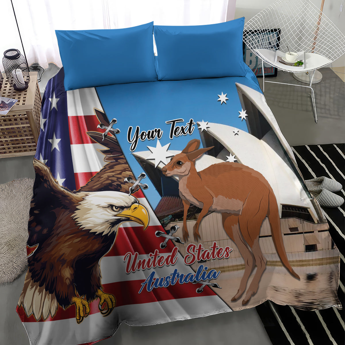Personalised United States And Australia Bedding Set USA Eagle With Aussie Kangaroo - Vibe Hoodie Shop