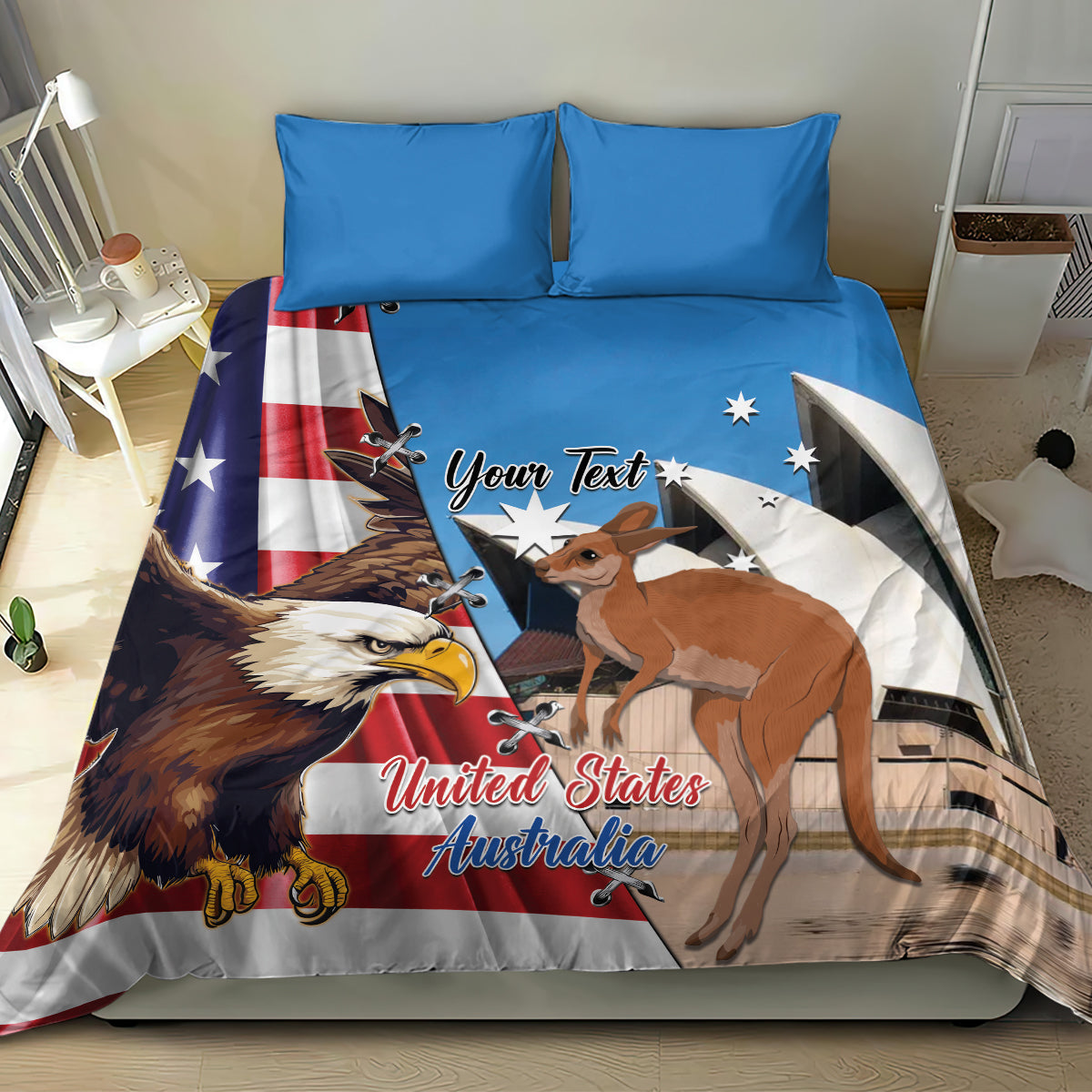 Personalised United States And Australia Bedding Set USA Eagle With Aussie Kangaroo - Vibe Hoodie Shop