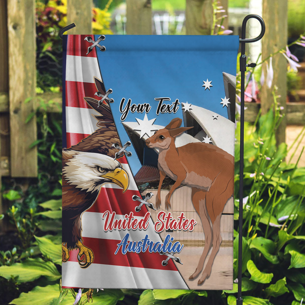 Personalised United States And Australia Garden Flag USA Eagle With Aussie Kangaroo - Vibe Hoodie Shop