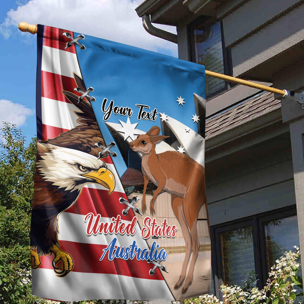 Personalised United States And Australia Garden Flag USA Eagle With Aussie Kangaroo - Vibe Hoodie Shop