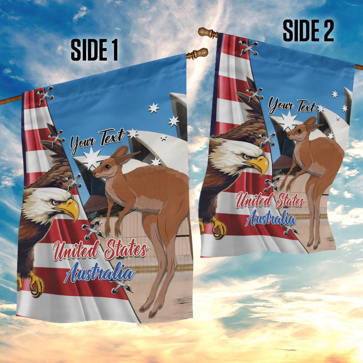 Personalised United States And Australia Garden Flag USA Eagle With Aussie Kangaroo - Vibe Hoodie Shop