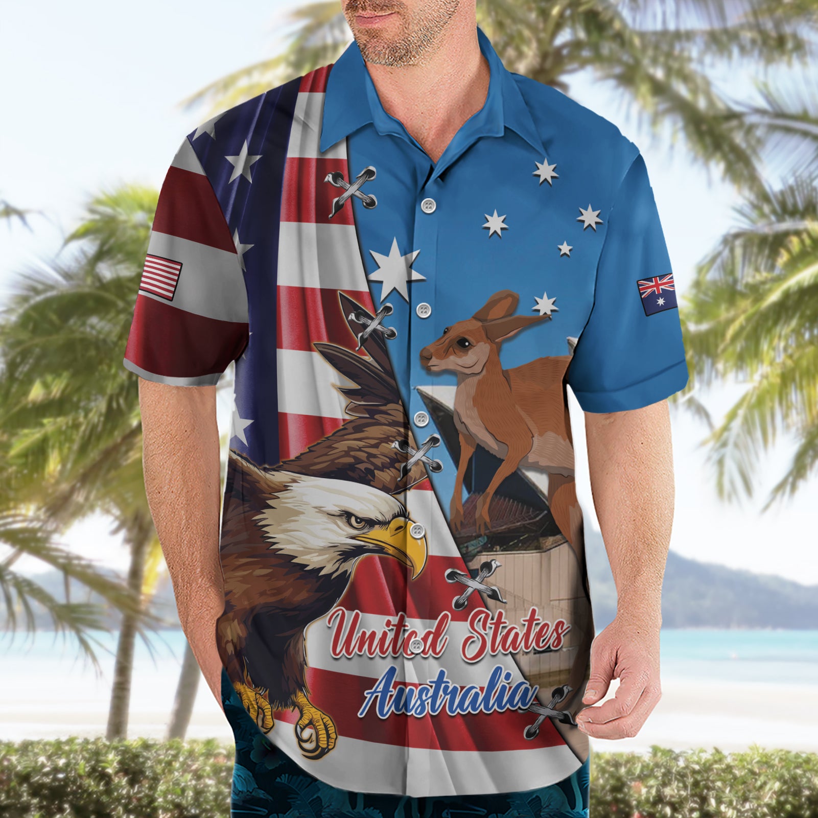 Personalised United States And Australia Hawaiian Shirt USA Eagle With Aussie Kangaroo - Vibe Hoodie Shop