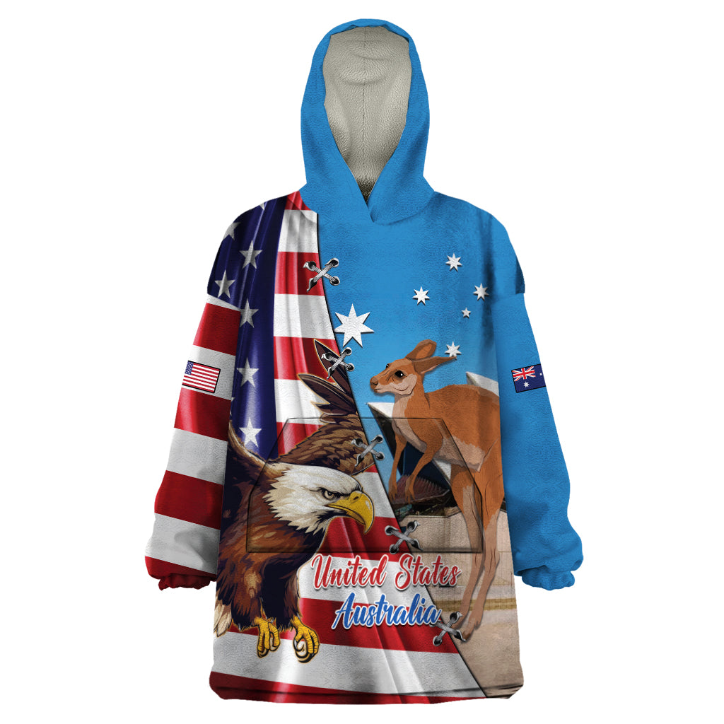 Personalised United States And Australia Wearable Blanket Hoodie USA Eagle With Aussie Kangaroo - Vibe Hoodie Shop