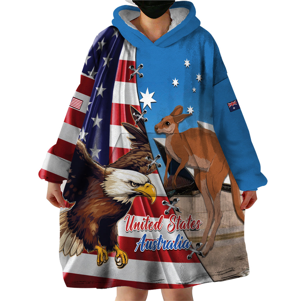 Personalised United States And Australia Wearable Blanket Hoodie USA Eagle With Aussie Kangaroo - Vibe Hoodie Shop