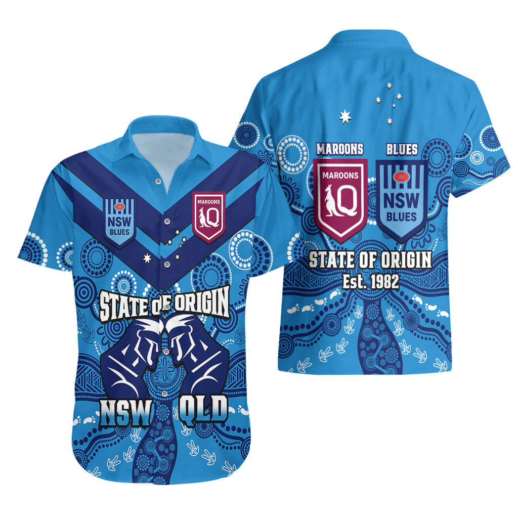 QLD Maroons and NSW Blues Rugby Hawaiian Shirt State of Origin 2023 Indigenous Blue - Vibe Hoodie Shop