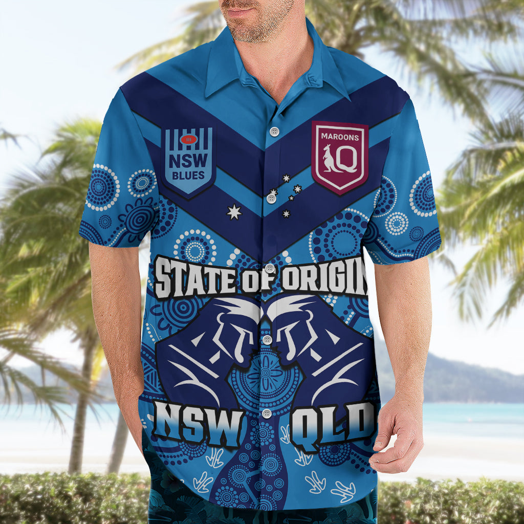 QLD Maroons and NSW Blues Rugby Hawaiian Shirt State of Origin 2023 Indigenous Blue - Vibe Hoodie Shop