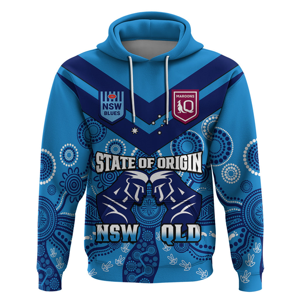 QLD Maroons and NSW Blues Rugby Hoodie State of Origin 2023 Indigenous Blue - Vibe Hoodie Shop
