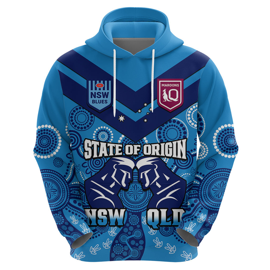 QLD Maroons and NSW Blues Rugby Hoodie State of Origin 2023 Indigenous Blue - Vibe Hoodie Shop