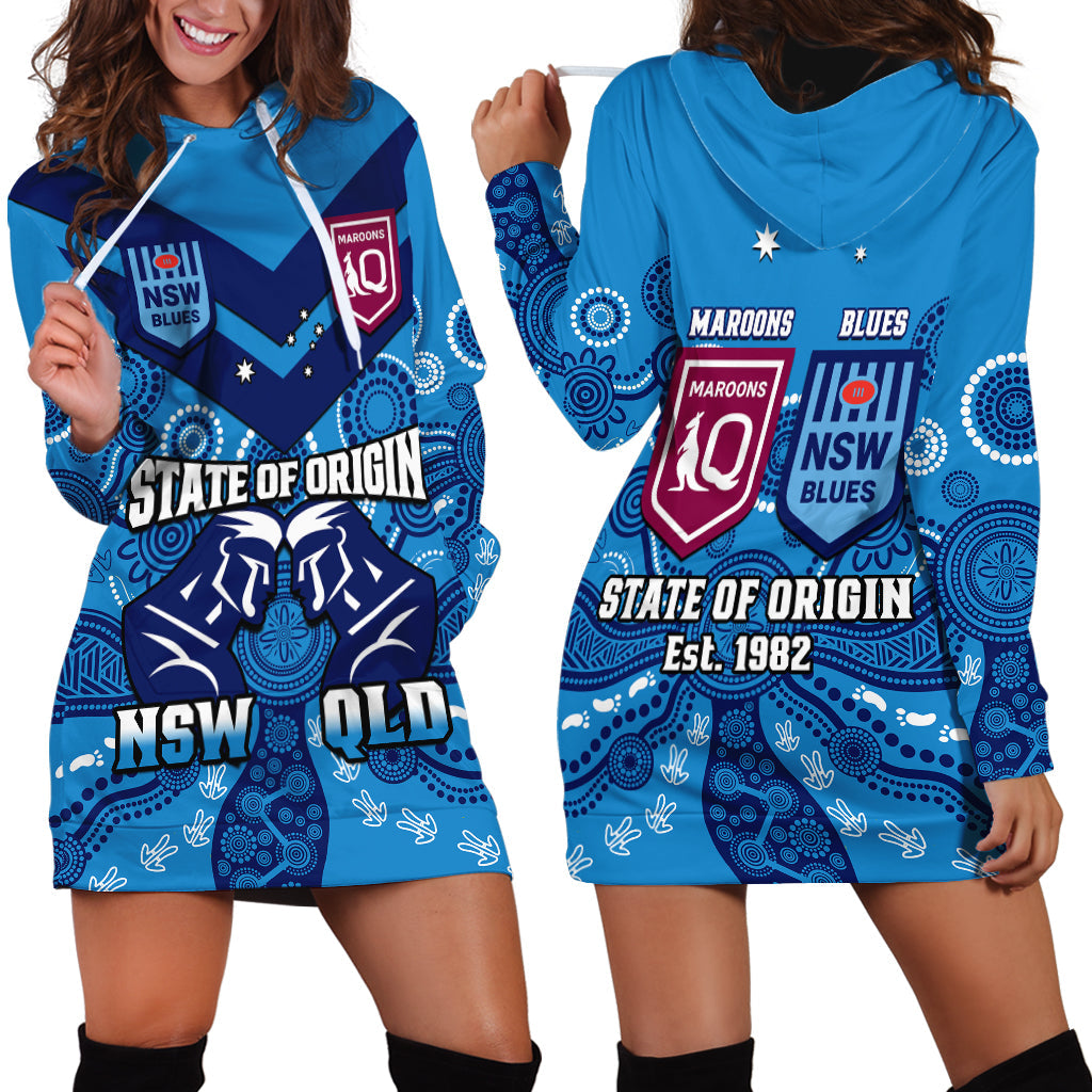 QLD Maroons and NSW Blues Rugby Hoodie Dress State of Origin 2023 Indigenous Blue - Vibe Hoodie Shop