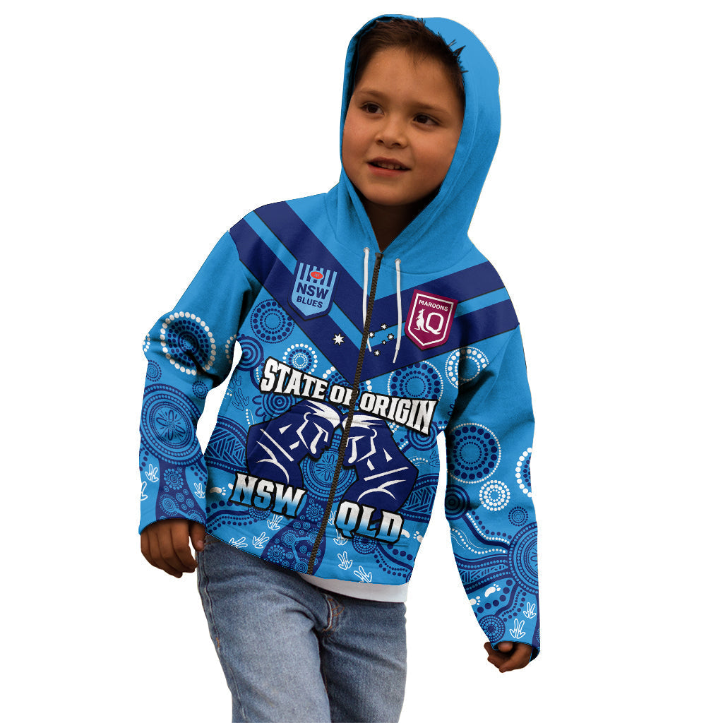 QLD Maroons and NSW Blues Rugby Kid Hoodie State of Origin 2023 Indigenous Blue - Vibe Hoodie Shop