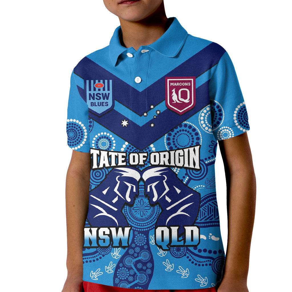 QLD Maroons and NSW Blues Rugby Kid Polo Shirt State of Origin 2023 Indigenous Blue - Vibe Hoodie Shop