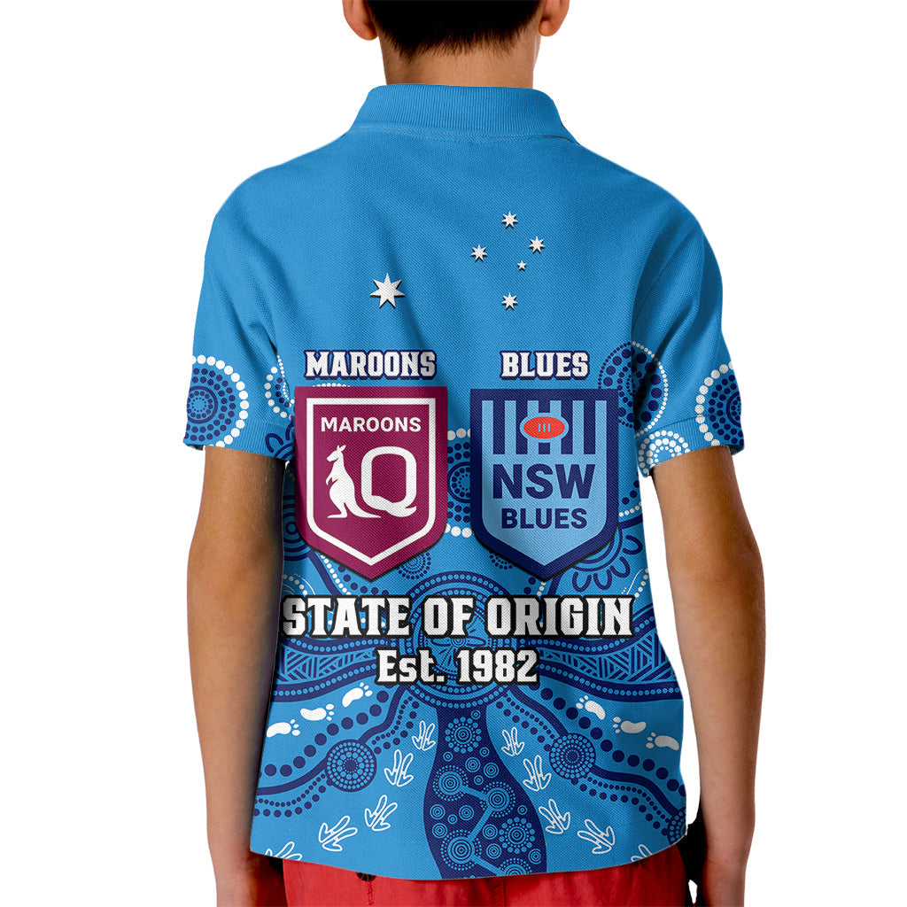 QLD Maroons and NSW Blues Rugby Kid Polo Shirt State of Origin 2023 Indigenous Blue - Vibe Hoodie Shop