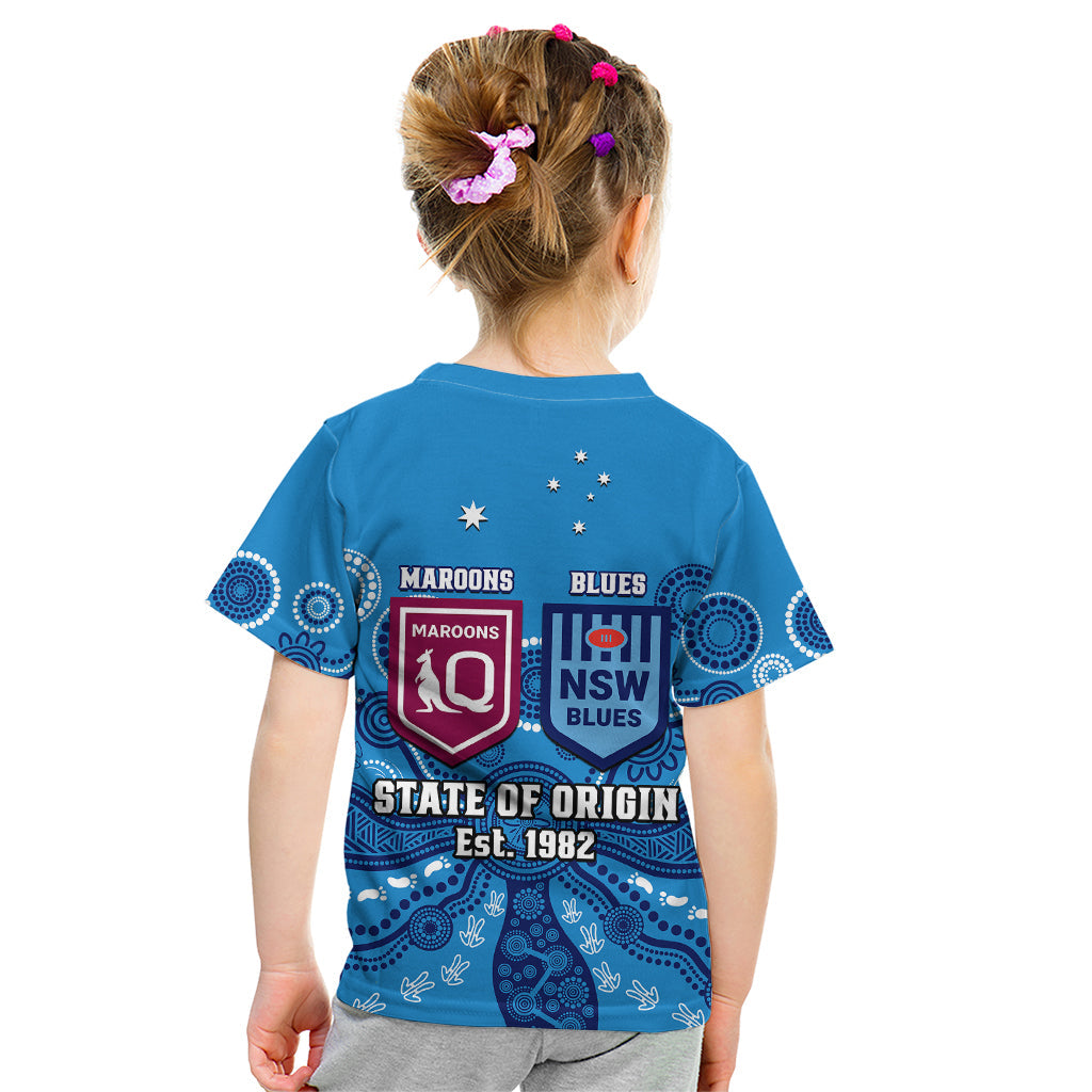 QLD Maroons and NSW Blues Rugby Kid T Shirt State of Origin 2023 Indigenous Blue - Vibe Hoodie Shop