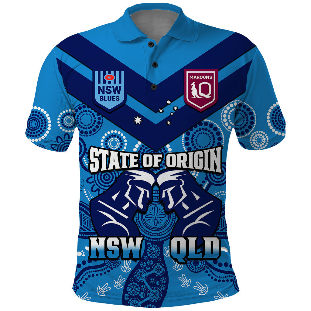 QLD Maroons and NSW Blues Rugby Polo Shirt State of Origin 2023 Indigenous Blue - Vibe Hoodie Shop