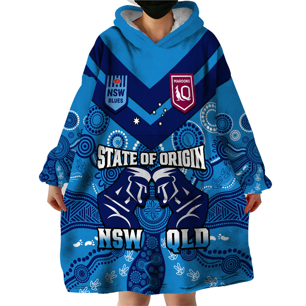 QLD Maroons and NSW Blues Rugby Wearable Blanket Hoodie State of Origin 2023 Indigenous Blue - Vibe Hoodie Shop