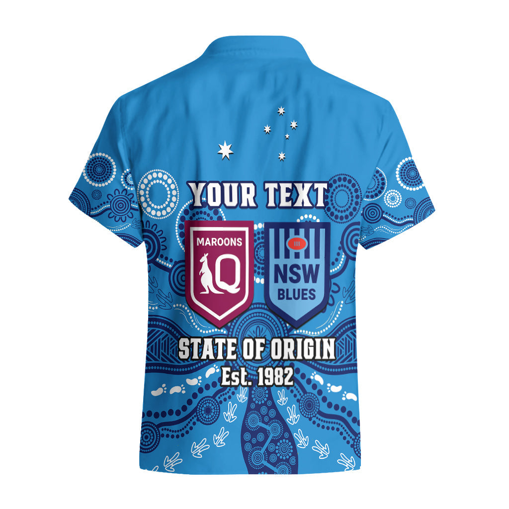 Personalised QLD Maroons and NSW Blues Rugby Hawaiian Shirt State of Origin 2023 Indigenous Blue - Vibe Hoodie Shop