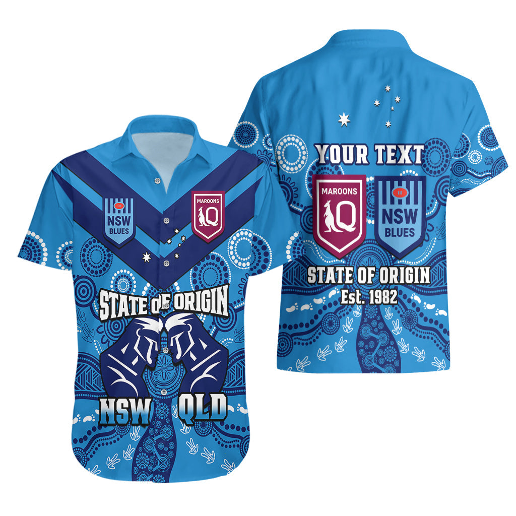 Personalised QLD Maroons and NSW Blues Rugby Hawaiian Shirt State of Origin 2023 Indigenous Blue - Vibe Hoodie Shop