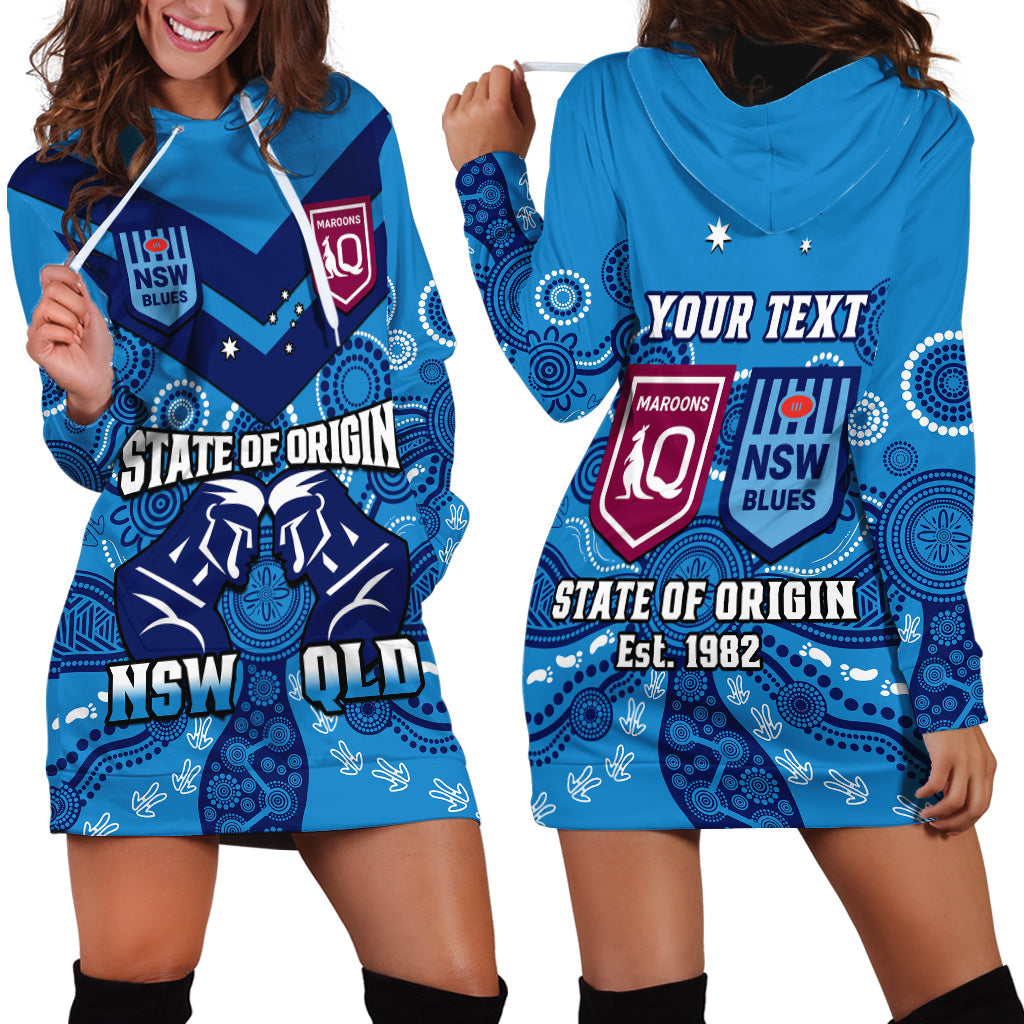 Personalised QLD Maroons and NSW Blues Rugby Hoodie Dress State of Origin 2023 Indigenous Blue - Vibe Hoodie Shop