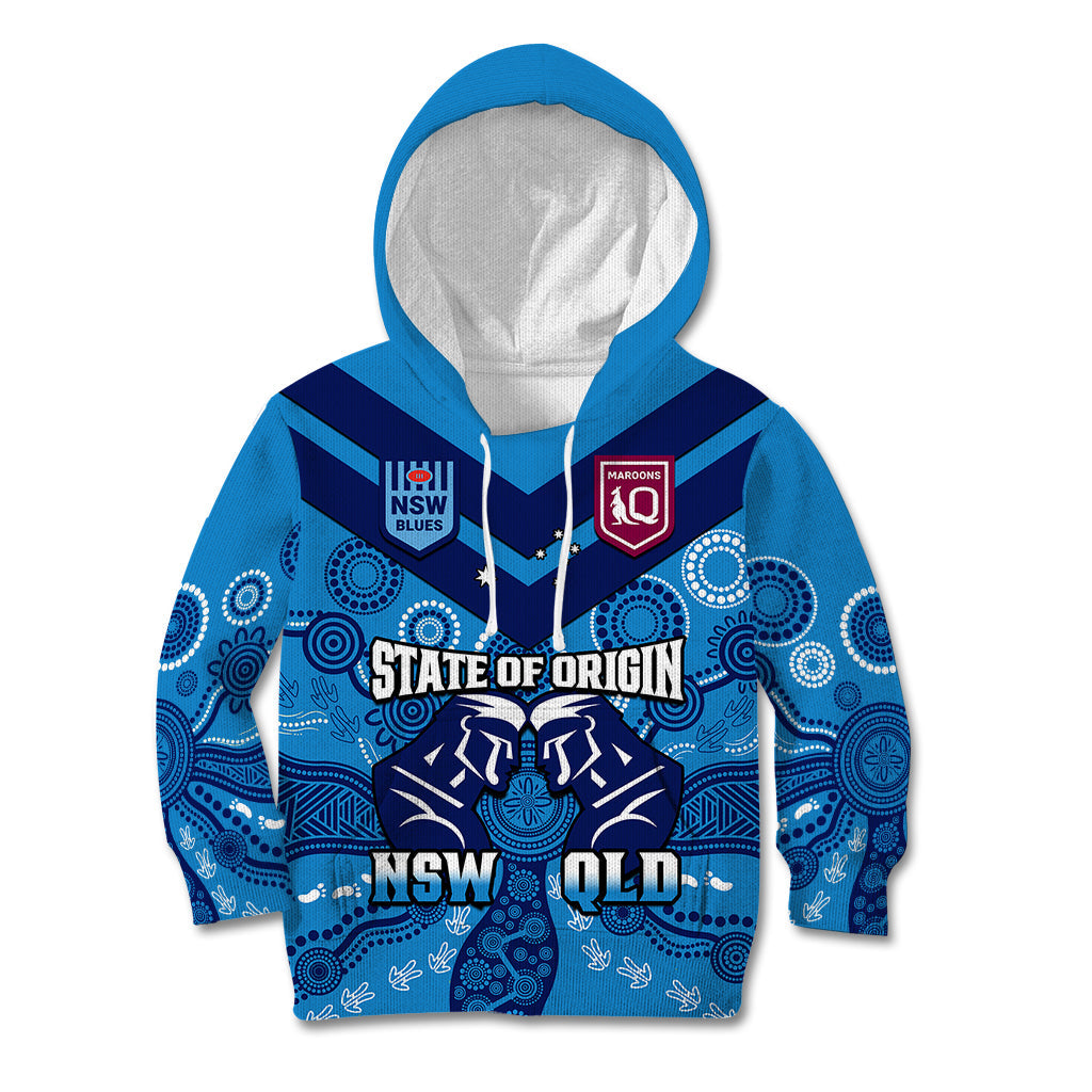 Personalised QLD Maroons and NSW Blues Rugby Kid Hoodie State of Origin 2023 Indigenous Blue - Vibe Hoodie Shop