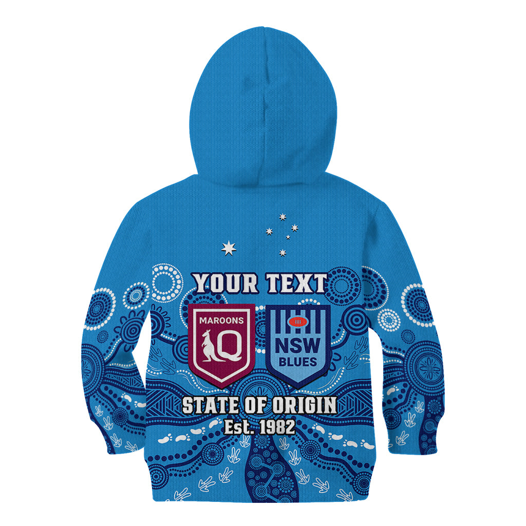 Personalised QLD Maroons and NSW Blues Rugby Kid Hoodie State of Origin 2023 Indigenous Blue - Vibe Hoodie Shop