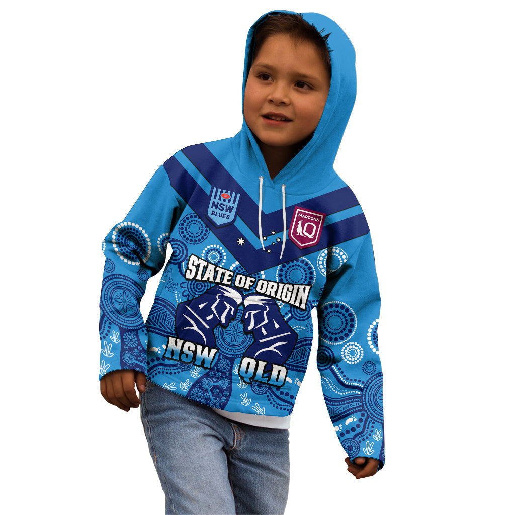 Personalised QLD Maroons and NSW Blues Rugby Kid Hoodie State of Origin 2023 Indigenous Blue - Vibe Hoodie Shop