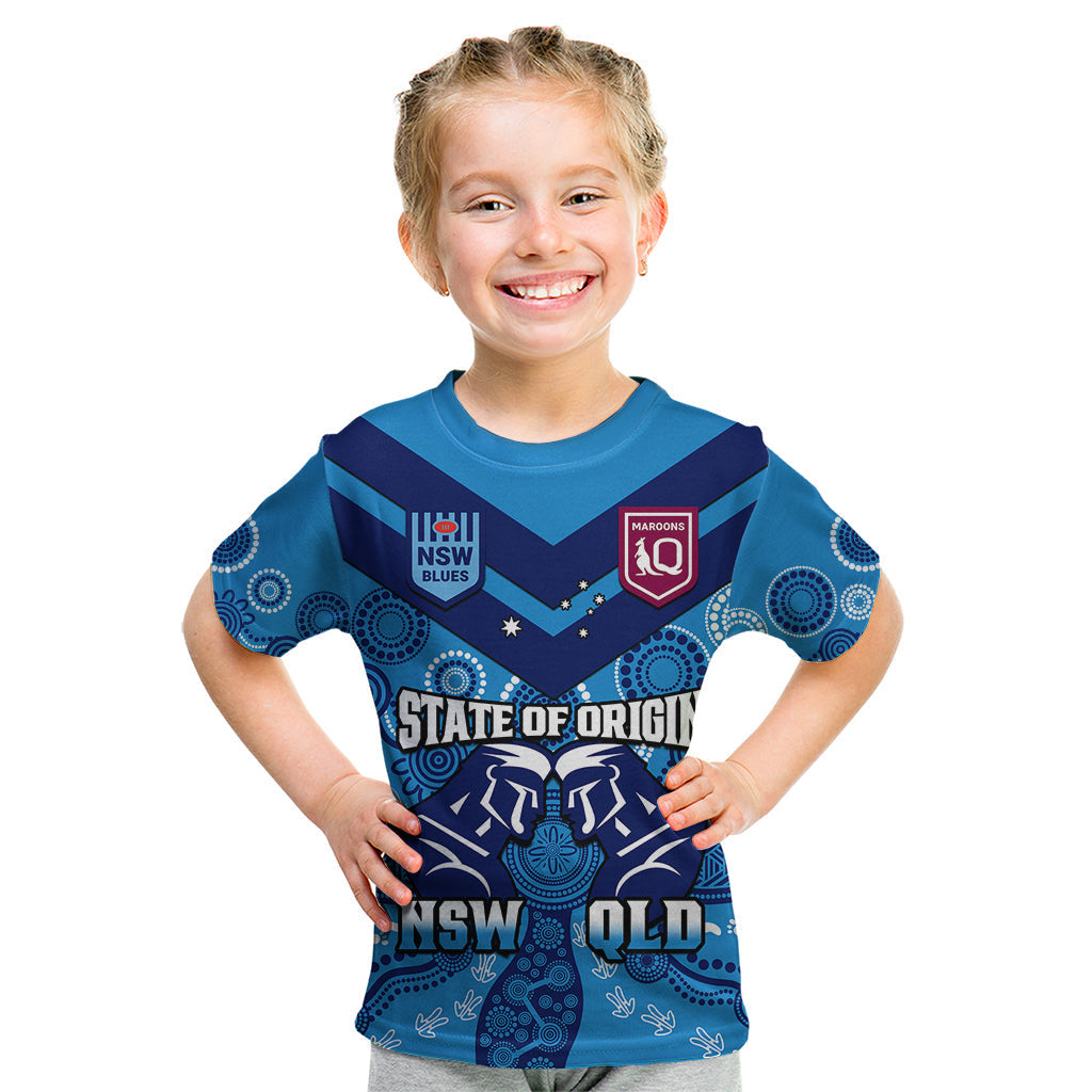 Personalised QLD Maroons and NSW Blues Rugby Kid T Shirt State of Origin 2023 Indigenous Blue - Vibe Hoodie Shop