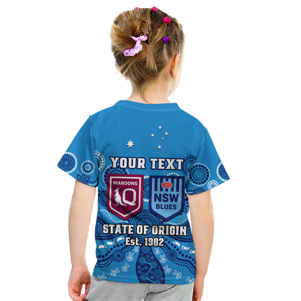 Personalised QLD Maroons and NSW Blues Rugby Kid T Shirt State of Origin 2023 Indigenous Blue - Vibe Hoodie Shop