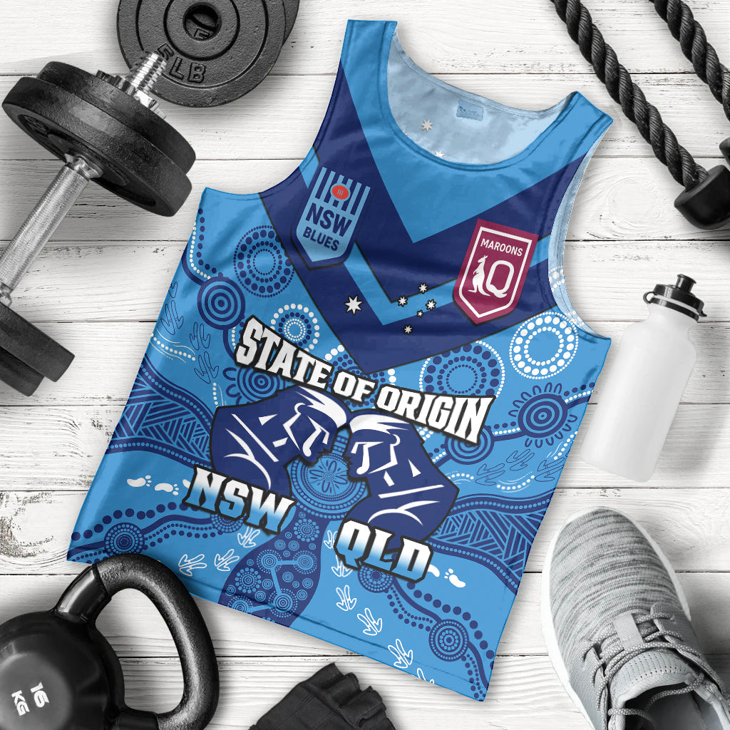 Personalised QLD Maroons and NSW Blues Rugby Men Tank Top State of Origin 2023 Indigenous Blue - Vibe Hoodie Shop