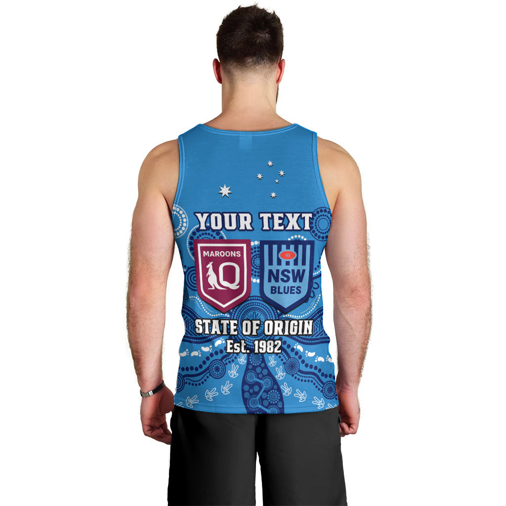 Personalised QLD Maroons and NSW Blues Rugby Men Tank Top State of Origin 2023 Indigenous Blue - Vibe Hoodie Shop