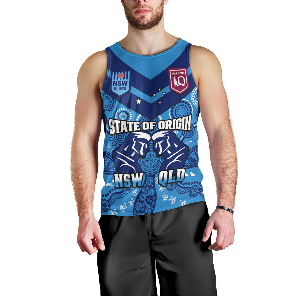 Personalised QLD Maroons and NSW Blues Rugby Men Tank Top State of Origin 2023 Indigenous Blue - Vibe Hoodie Shop