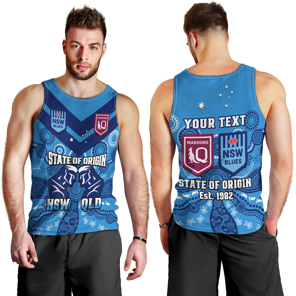 Personalised QLD Maroons and NSW Blues Rugby Men Tank Top State of Origin 2023 Indigenous Blue - Vibe Hoodie Shop