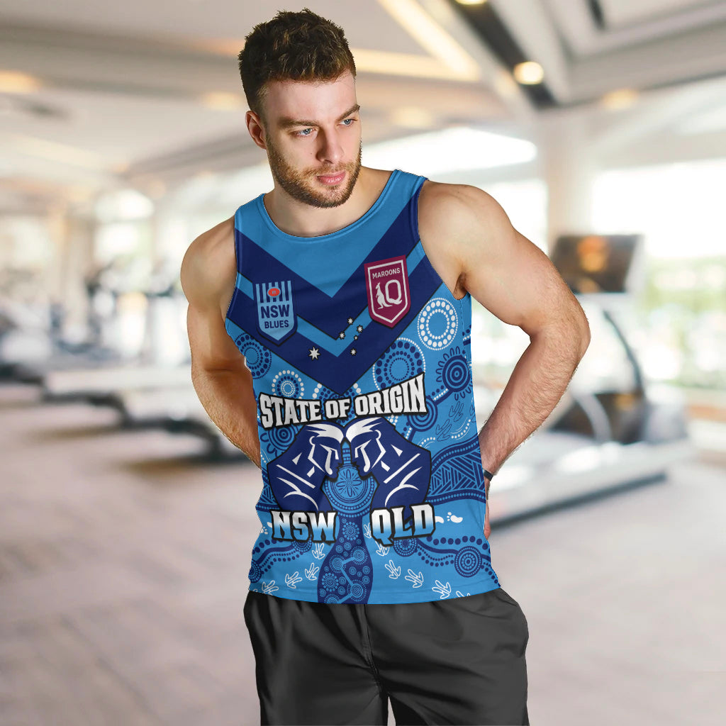 Personalised QLD Maroons and NSW Blues Rugby Men Tank Top State of Origin 2023 Indigenous Blue - Vibe Hoodie Shop