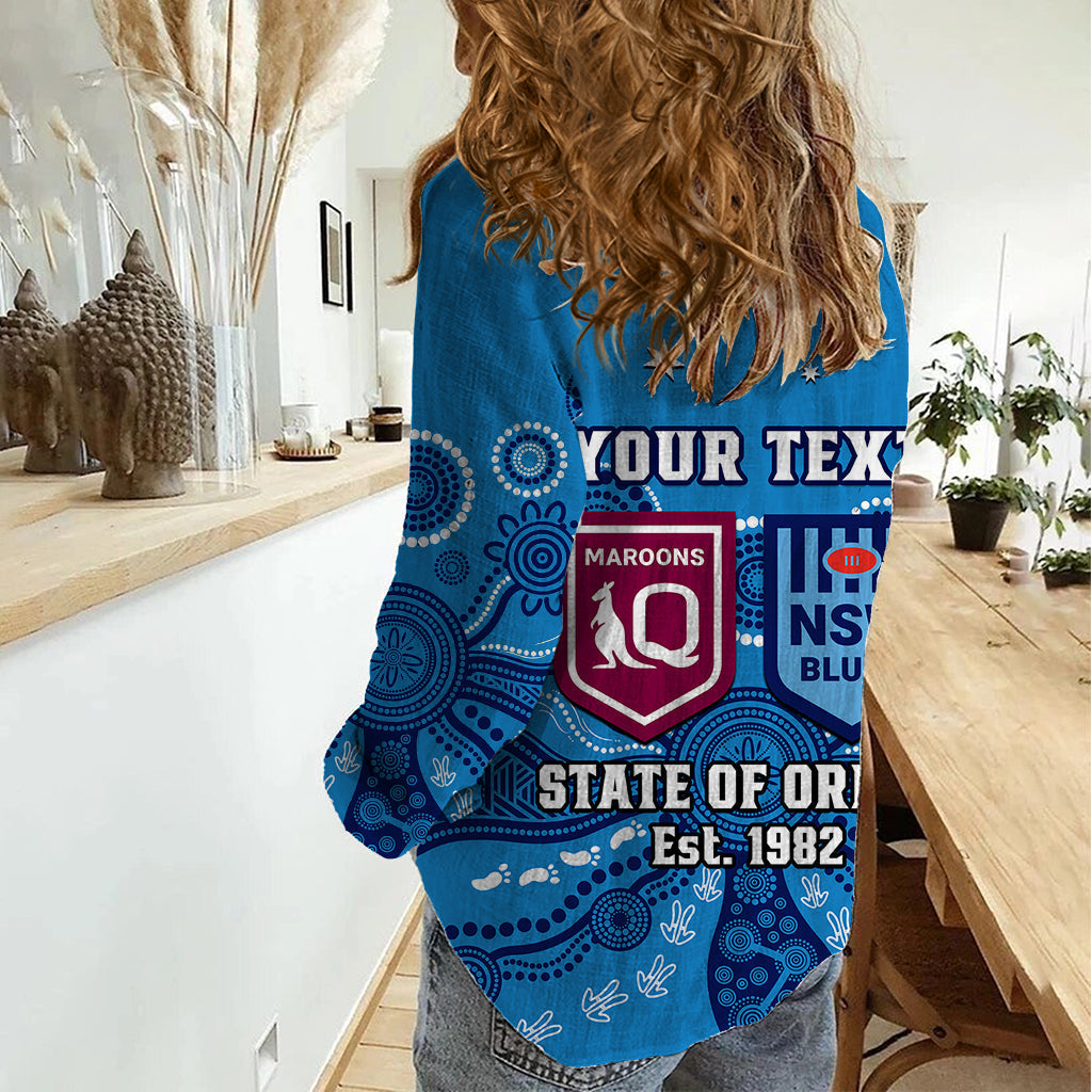 Personalised QLD Maroons and NSW Blues Rugby Women Casual Shirt State of Origin 2023 Indigenous Blue - Vibe Hoodie Shop