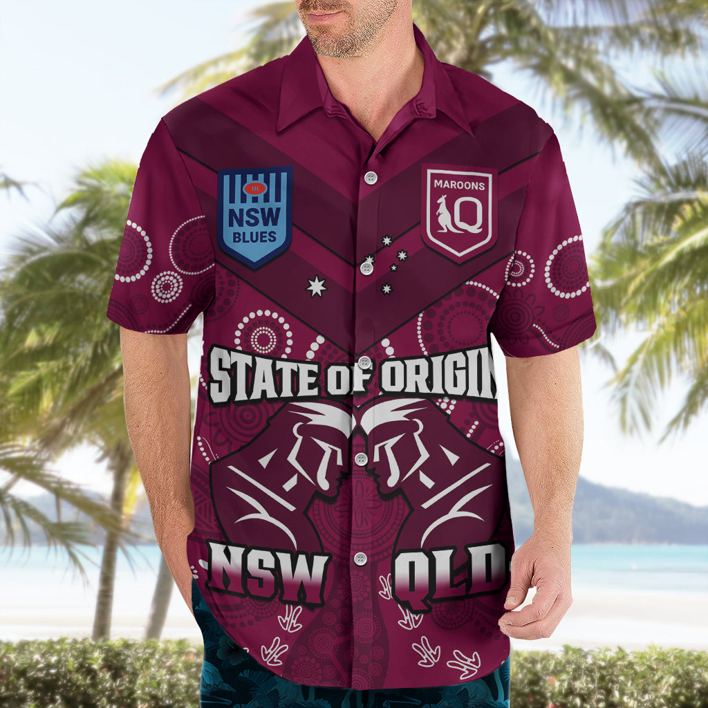 QLD Maroons and NSW Blues Rugby Hawaiian Shirt State of Origin 2023 Indigenous Maroon - Vibe Hoodie Shop