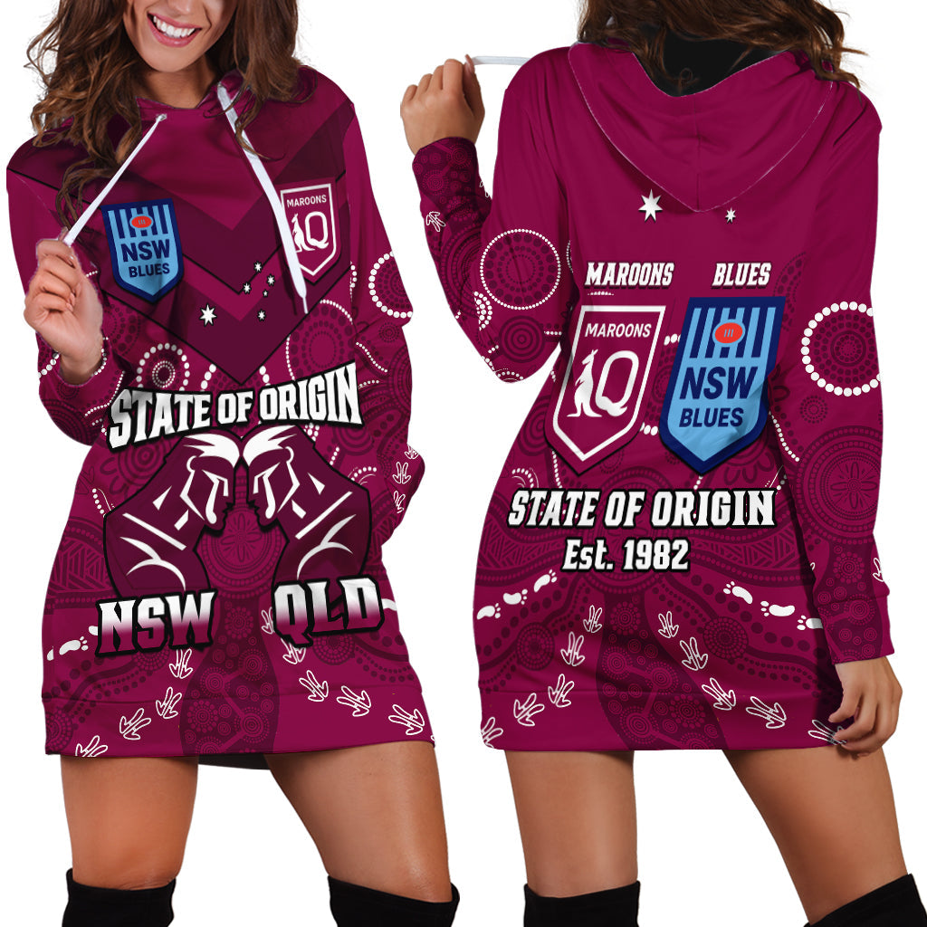 QLD Maroons and NSW Blues Rugby Hoodie Dress State of Origin 2023 Indigenous Maroon - Vibe Hoodie Shop